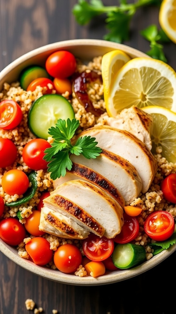 Easy Chicken Quinoa Bowl Recipe A healthy chicken quinoa bowl with grilled chicken, quinoa, cherry tomatoes, cucumbers, and bell peppers, garnished with parsley and lemon.